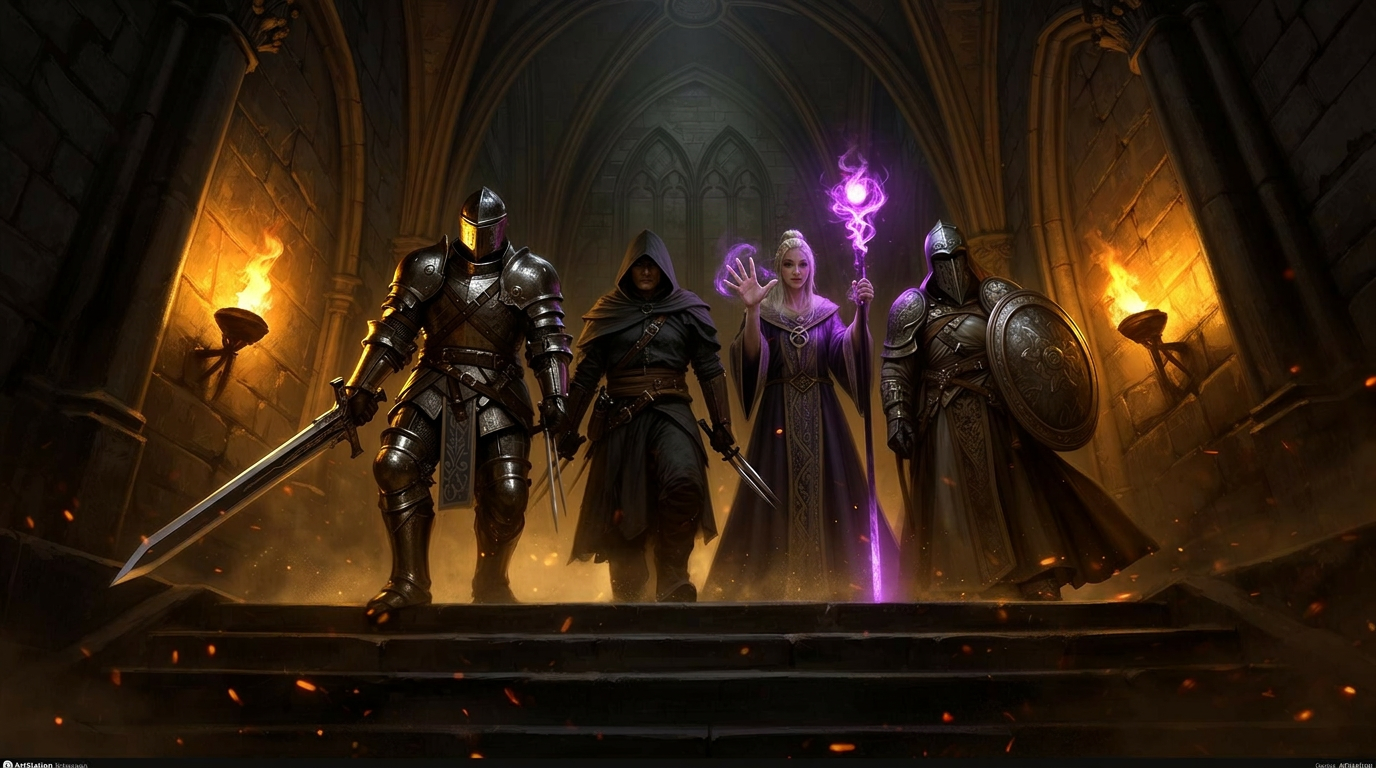 A four-hero co-op party descending a torch-lit dungeon stair
