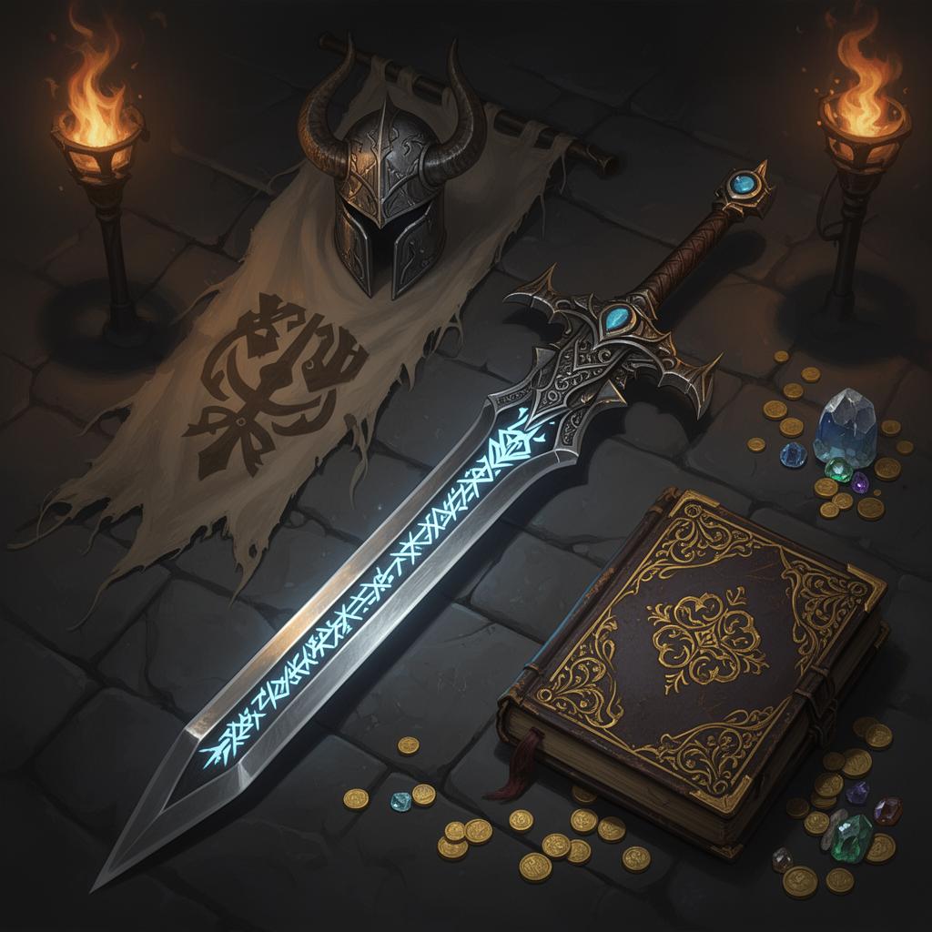 Ornate enchanted greatsword, horned helm, tome and gold scattered on stone