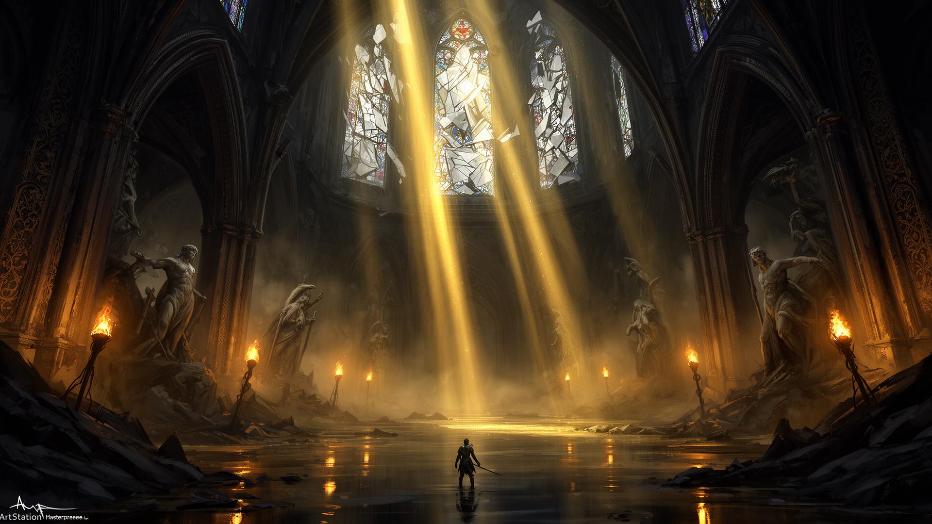 Ruined underground cathedral pierced by golden shafts of light